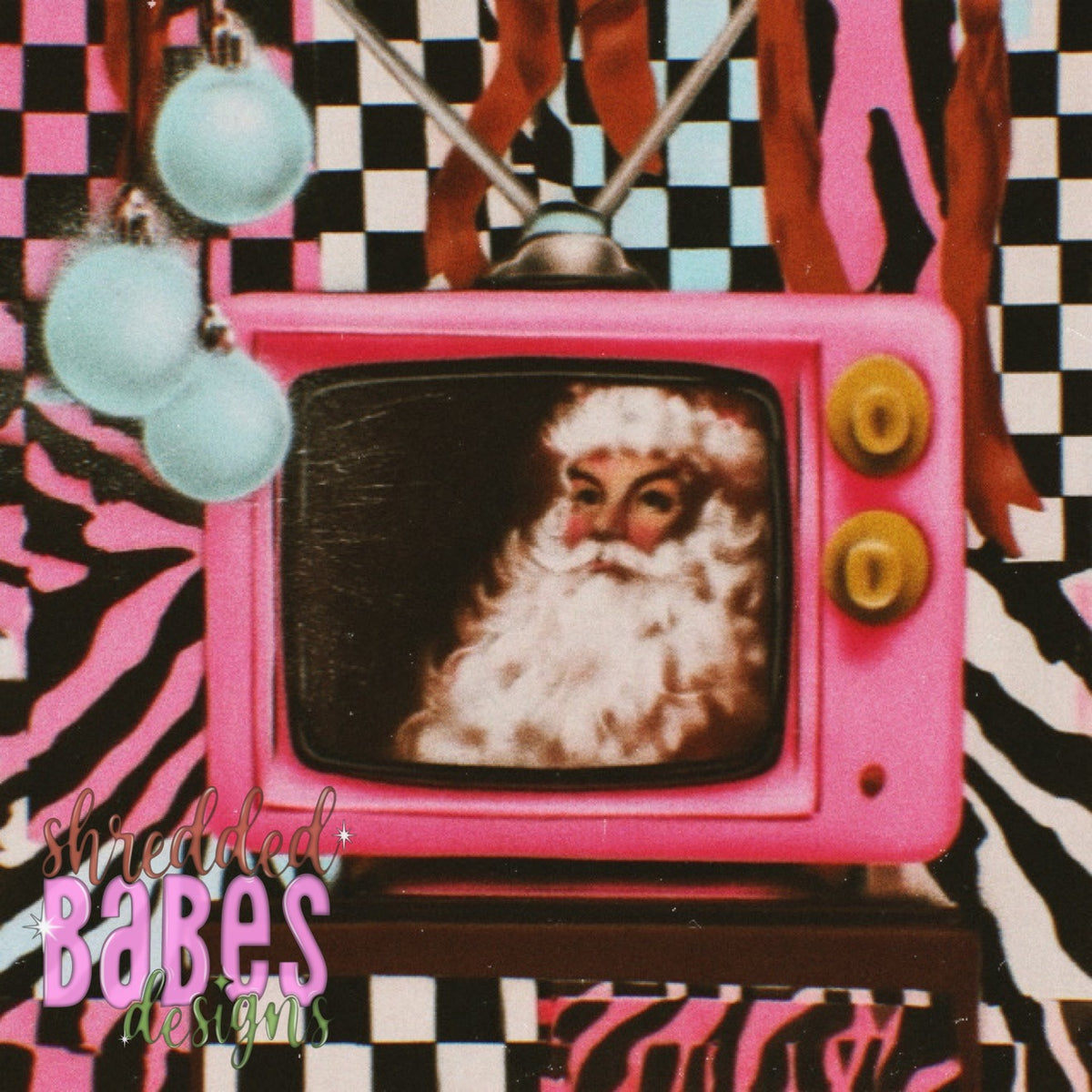 Christmas Background — Pink TV Santa Checkerboard